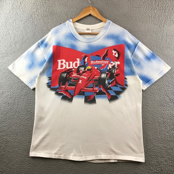Vintage Budweiser Racing F1 Formula One T Shirt 90s Sky Dye Graphic Tee L - Picture 1 of 10